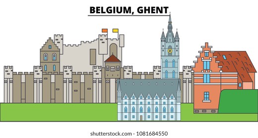 Belgium, Ghent. City skyline, architecture, buildings, streets, silhouette, landscape, panorama, landmarks. Editable strokes. Flat design line vector illustration concept. Isolated icons