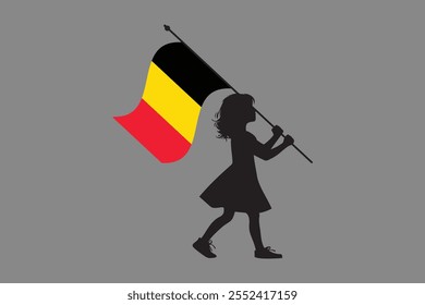 Menina da Bélgica com bandeira, Bandeira da Bélgica símbolo nacional ilustração Vetor, Retângulo Bélgica bandeira ilustração, Vetor plano ilustração
