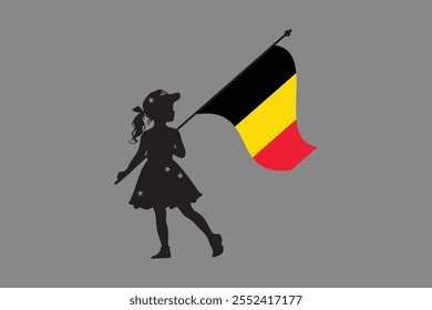 Menina da Bélgica com bandeira, Bandeira da Bélgica símbolo nacional ilustração Vetor, Retângulo Bélgica bandeira ilustração, Vetor plano ilustração
