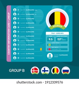 Belgium group B Football 2020 tournament final stage vector illustration. Country team lineup table with place for information. 2020 soccer tournamet Vector country flags.
