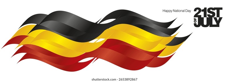 Banner do Feliz Dia Nacional da Bélgica 21 de julho. Plano de fundo abstrato da faixa de opções da bandeira da Bélgica com letras em negrito mensagem 21 de julho