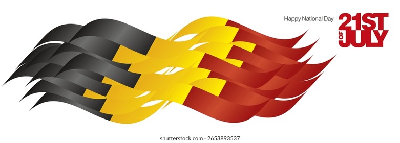 Banner do Feliz Dia Nacional da Bélgica 21 de julho. Bandeira abstrata da Bélgica fundo com letras em negrito mensagem 21 de julho