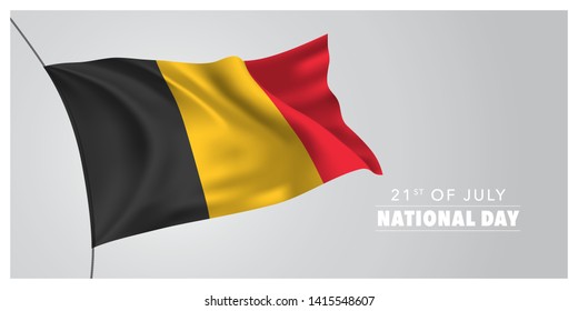 Belgium happy national day greeting card, banner, horizontal vector illustration. Belgian holiday 21st of July design element with waving flag as a symbol of independence 