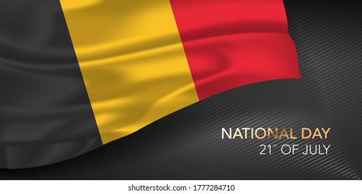 Belgium happy national day greeting card, banner with template text vector illustration. Belgian memorial holiday 21st of July design element with 3D flag with stripes
