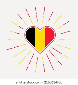 Belgium heart with flag of the country. Sunburst around Belgium heart sign. Vector illustration.