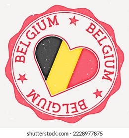 Belgium heart flag logo. Country name text around Belgium flag in the shape of a heart. Charming vector illustration.