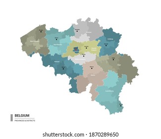 Belgium higt detailed map with subdivisions. Administrative map of Belgium with districts and cities name, colored by states and administrative districts. Vector illustration.