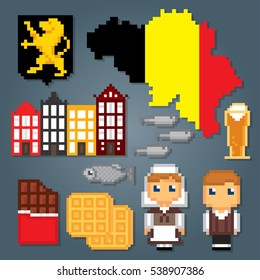 Belgium icons set. Pixel art. Old school computer graphic style. Games elements.