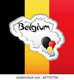 Belgium Independence Day greeting card template with flag, map silhouette and balloons. Cartoon vector illustration in flat style.