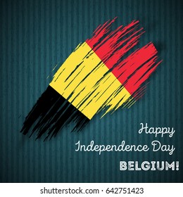 Belgium Independence Day Patriotic Design. Expressive Brush Stroke in National Flag Colors on dark striped background. Happy Independence Day Belgium Vector Greeting Card.