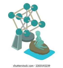 Belgium landmark icon isometric vector. Brussel atomium and mermaid sculpture. Belgium travel destination