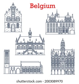 Belgium landmarks architecture, city sightseeing buildings, churches icon. Belgium travel landmark Notre Dame in Damme, Butcher Hall or Meat House Vleeshuis in Werne, town hall Stadthuis in Oudenaarde