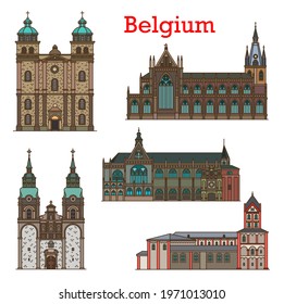 Belgium landmarks, cathedral and church in Liege and Eupen, Belgian city travel, vector icons. Belgian architecture of St Nicholas, Eglise Saint Jacques or Jacob church and Malmedy cathedral