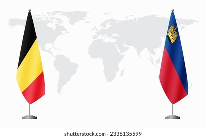 Belgium and Liechtenstein flags for official meeting against background of world map.