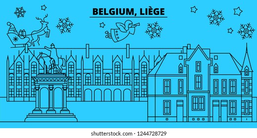Belgium, Liege winter holidays skyline. Merry Christmas, Happy New Year decorated banner with Santa Claus.Belgium, Liege linear christmas city vector flat illustration