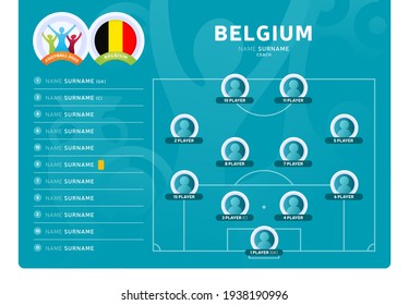 Belgium line-up Football 2020 tournament final stage vector illustration. Country team lineup table and Team Formation on Football Field. Euro 2020 soccer tournamet Vector country flags.