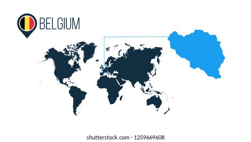 Belgium location modern vector map for infographics. All world countries without names. Belgium round flag in the map pin or marker. vector illustration on stripped background.