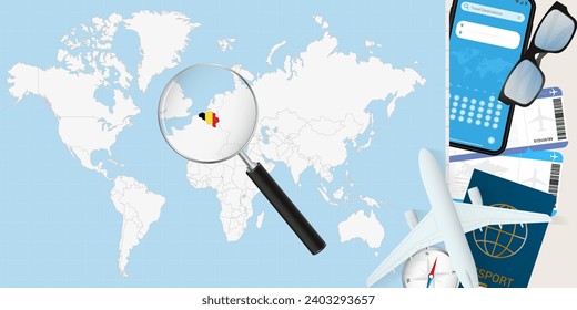 Belgium is magnified over a World Map, illustration with airplane, passport, boarding pass, compass and eyeglasses. Vector illustration.