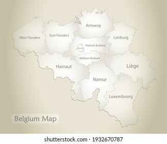 Belgium map, administrative division with names, old paper background vector