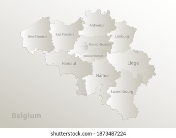 Belgien Karte, Verwaltungsabteilung, Regionen und Namen einzelne Region, Kartenpapier 3D Naturvektor