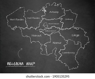 Mapa de Bélgica división administrativa, separa regiones y nombres, tarjeta de diseño vectores de pizarra