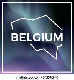 Belgium map against the backdrop of polar lights on the starry sky. Aurora borealis abstract vector background. EPS10 contains transparency, mesh gradients used.
