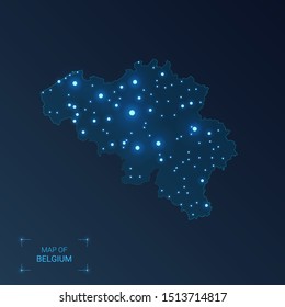 Belgium map with cities. Luminous dots - neon lights on dark background. Vector illustration. 
