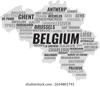 Bélgica Mapa com Nomes de Cidade - Tipografia Vetor Design