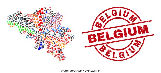 Belgium map collage and Belgium red circle badge. Belgium badge uses vector lines and arcs. Belgium map collage contains gears, homes, screwdrivers, bugs, hands, and more symbols.