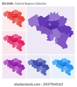 Belgium map collection. Country shape with colored regions. Deep Purple, Red, Pink, Purple, Indigo, Blue color palettes. Border of Belgium with provinces for your infographic. Vector illustration.