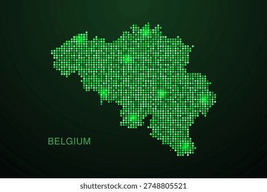 Belgium Map - Digital dotted map with glowing green points on dark background, modern technology style, abstract data network design, clean minimal geometric vector illustration.