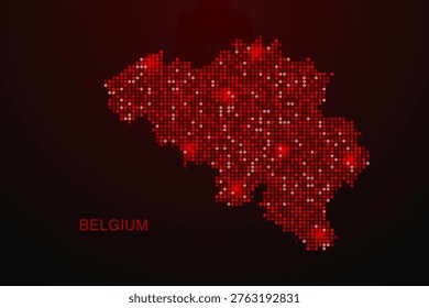 Belgium Map - Digital dotted map with glowing red points on dark background, modern technology style, abstract data network design, clean minimal vector illustration.