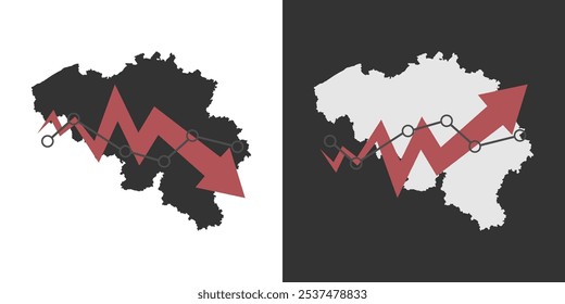 Belgium map with fall and recovery chart, statistics arrow. Vector illustration.