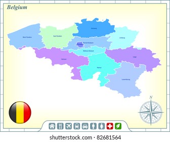 Belgium Map with Flag Buttons and Assistance & Activates Icons Original Illustration