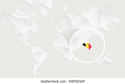 Belgium map with flag in contour on white polygonal World Map. Vector Illustration.