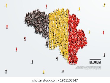 Belgium Map and Flag. A large group of people in the Belgian flag color form to create the map. Vector Illustration.