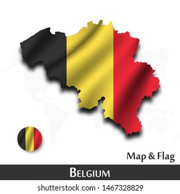 Belgium map and flag . Waving textile design . Dot world map background . Vector .