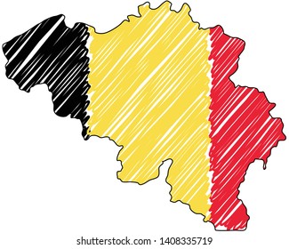 Belgium map hand drawn sketch. Vector concept illustration flag, childrens drawing, scribble map. Country map for infographic, brochures and presentations isolated on white background. Vector