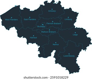 Belgium map high detailed with administrative divide by state, capital cities names, outline simplicity style. Vector illustration EPS10.