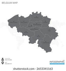 O mapa da Bélgica é altamente detalhado com as regiões e cidades do país sobre fundo branco. Ilustração vetorial EPS10.
