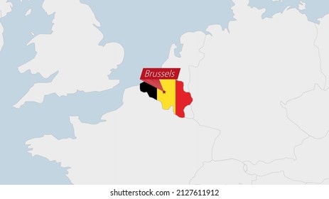 Belgium map highlighted in Belgium flag colors and pin of country capital Brussels, map with neighboring European countries.