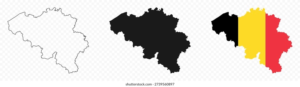 Belgium map icon set. Belgium map signs - outline, solid and Belgian national flag. Vector illustration.