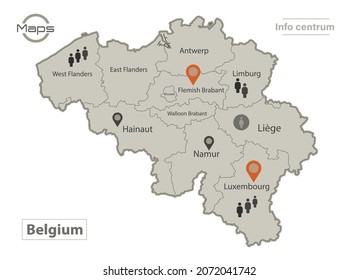 Belgium map, individual regions with names, Infographics and icons vector