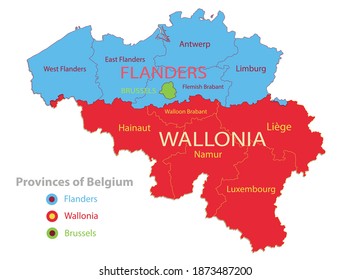 Belgium map, individual regions and provinces  with names vector