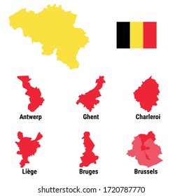 Belgium map infographic with cities Brussels Bruxelles, Liege Luik, Gent Ghent, Brugge Bruges, Charleroi, Antwerp Antwerpen with national flag yellow red