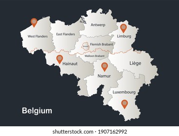 Belgium map, Infographics flat design colors snow white, with names of individual regions vector