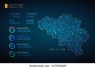 Belgien kartiert Infografik-Vektorvorlage mit abstraktem geometrischem Mesh-Polygonallichtkonzept auf blauem Hintergrund. Vorlage für Diagramm, Grafik, Präsentation und Diagramm.