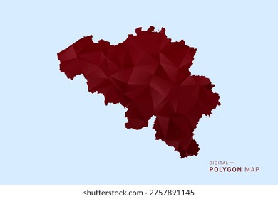 Belgium Map - Low poly polygon map in deep red gradient on light blue background, modern minimal geometric design, vector illustration with faceted triangulated style.