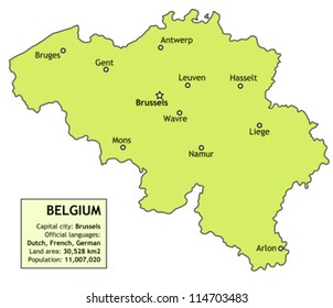 Belgium map with major cities: Brussels, Antwerp, Namur, Liege and others. Country information data table.