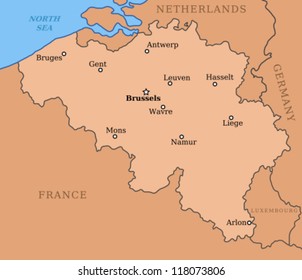 Belgium map with major cities: Brussels, Mons, Antwerp, Liege and others